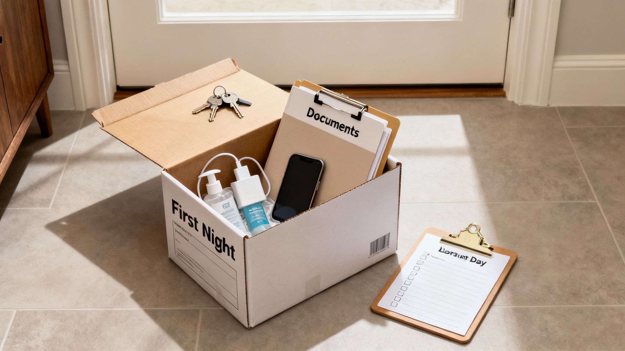 An open moving box labeled 'First Night' with essentials like keys, documents, and a 'Moving Day' checklist.