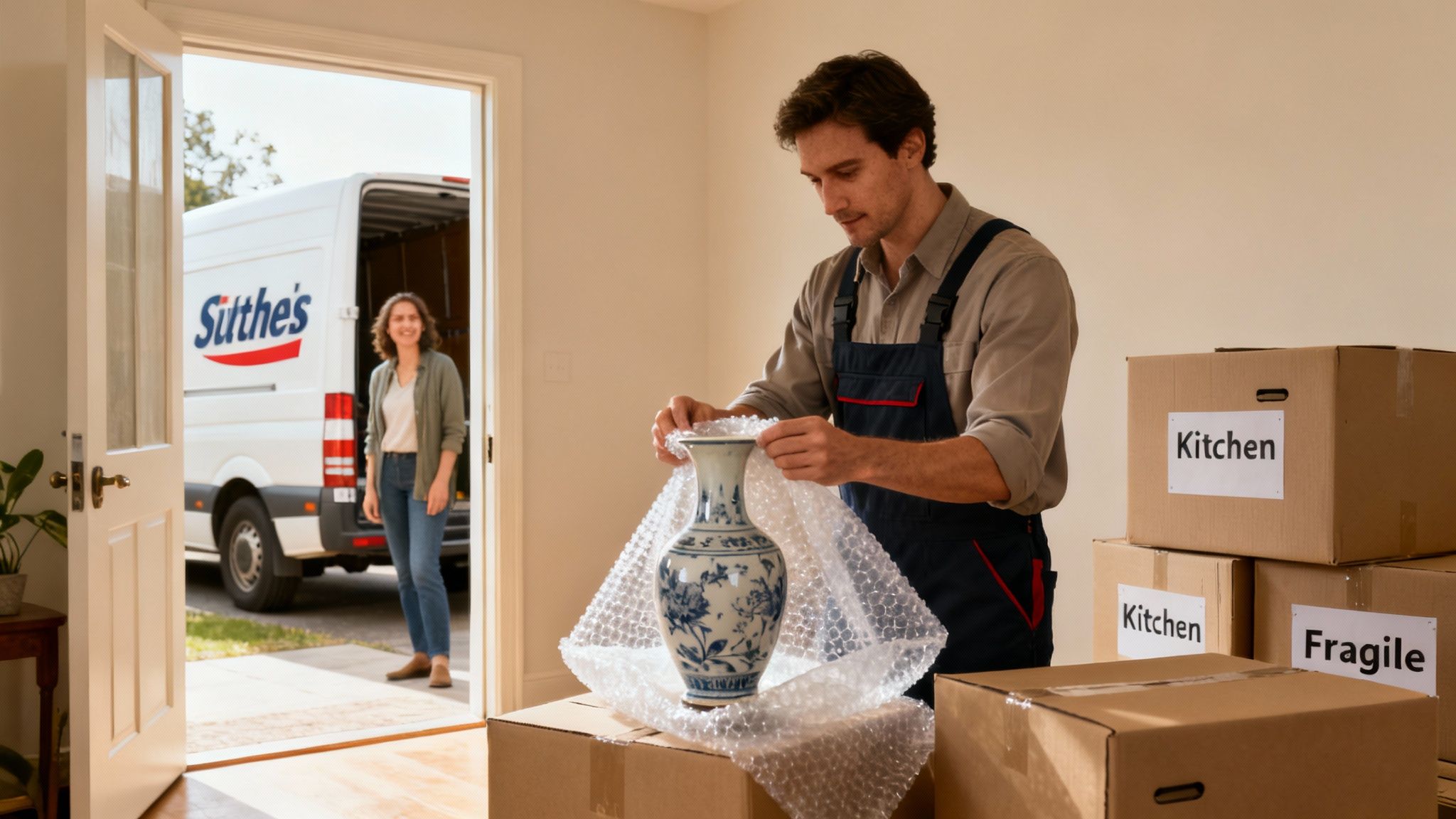 A professional mover carefully wraps a delicate blue and white vase with bubble wrap, while a woman stands by a moving van.