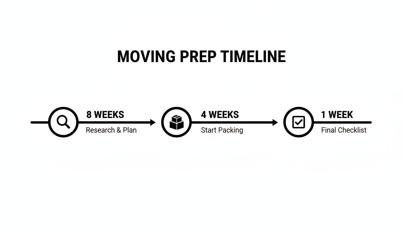 Moving preparation timeline with three stages: 8 weeks for research, 4 weeks for packing, and 1 week for final checklist.