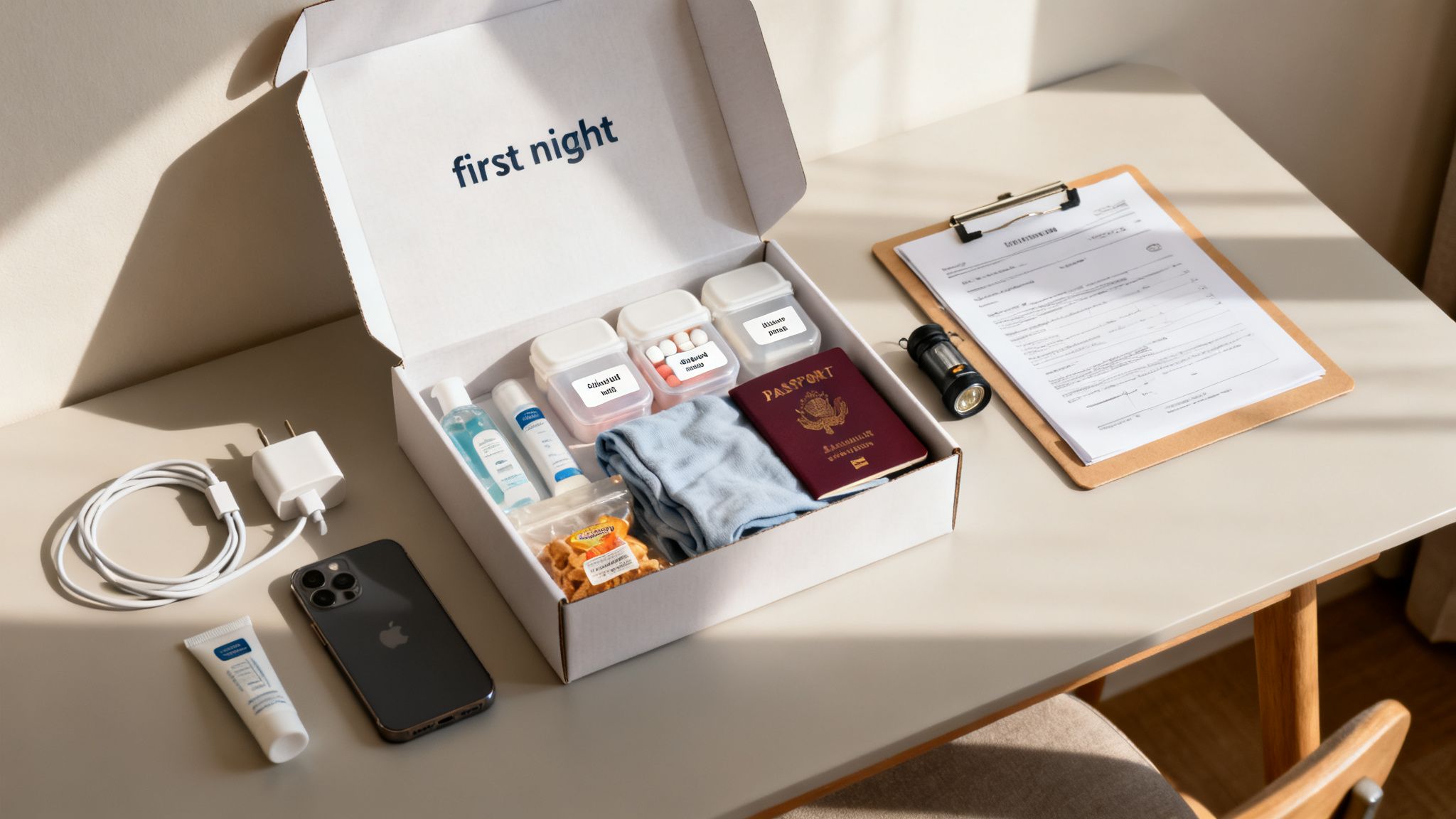 A 'first night' box with travel essentials, including toiletries, medication, passport, and a towel, ready for a move.