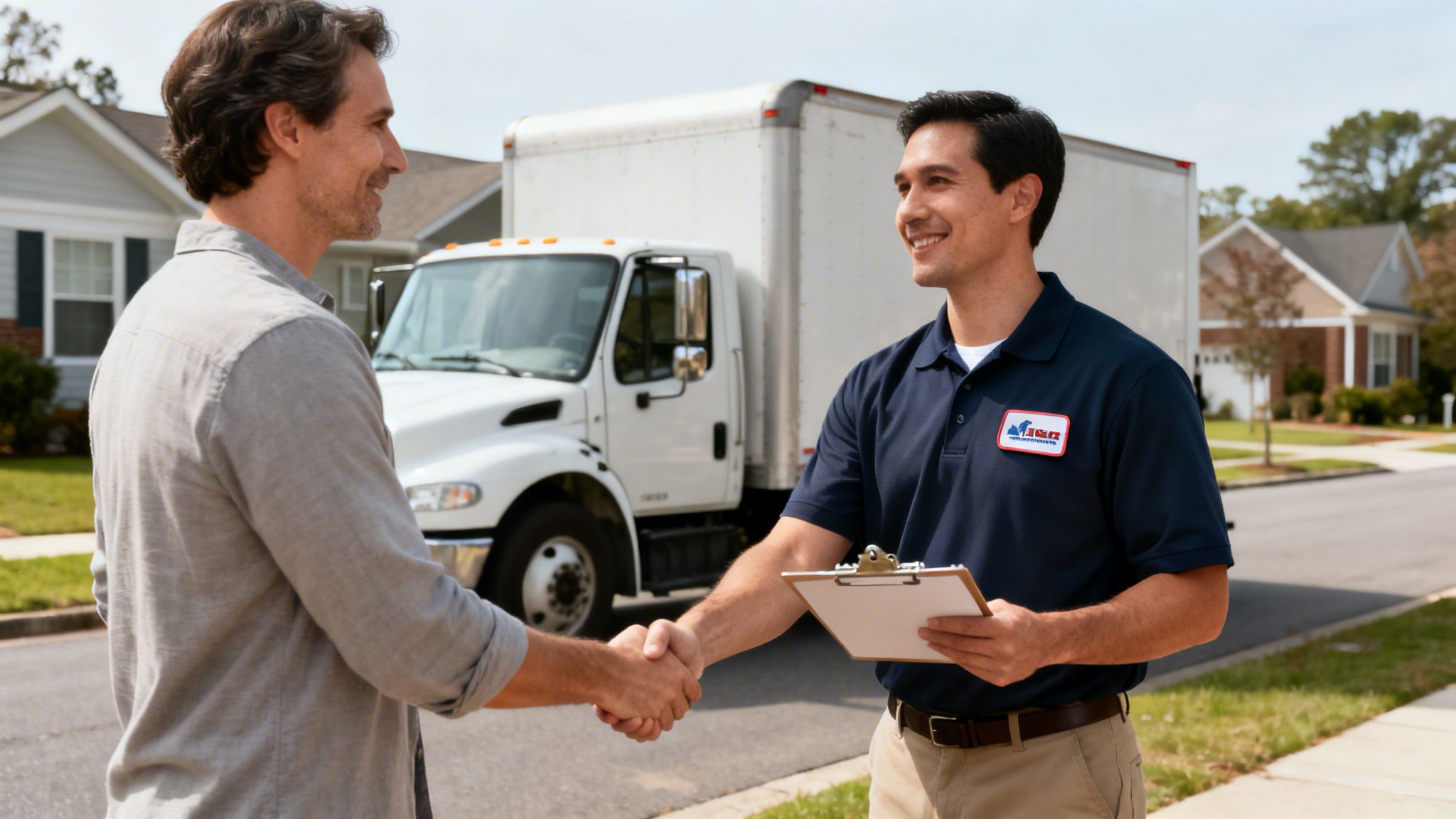 A customer shakes hands with a friendly moving service provider in front of a white truck.