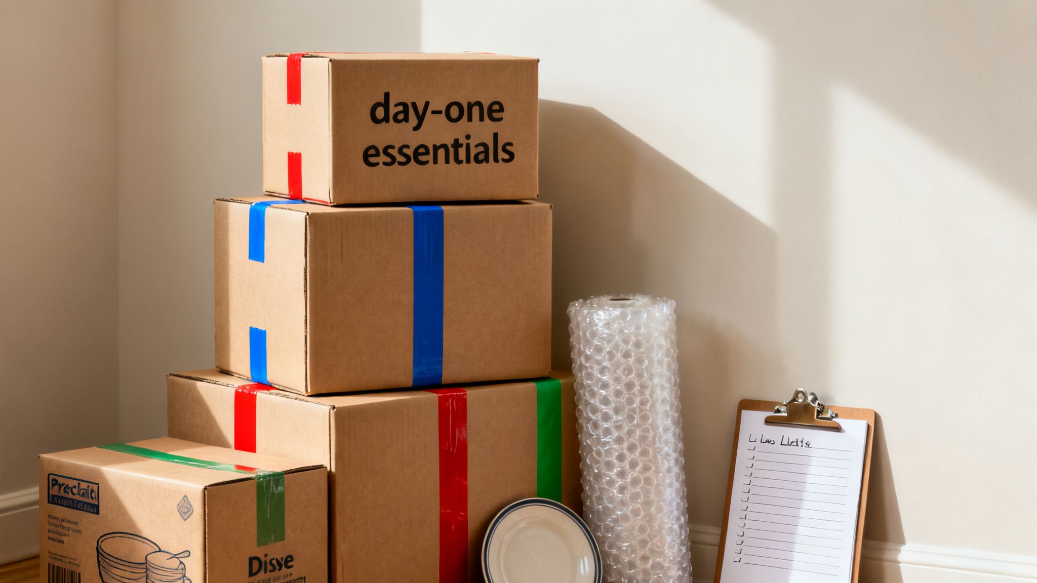 A stack of moving boxes taped in various colors, bubble wrap, and a checklist on a clipboard.