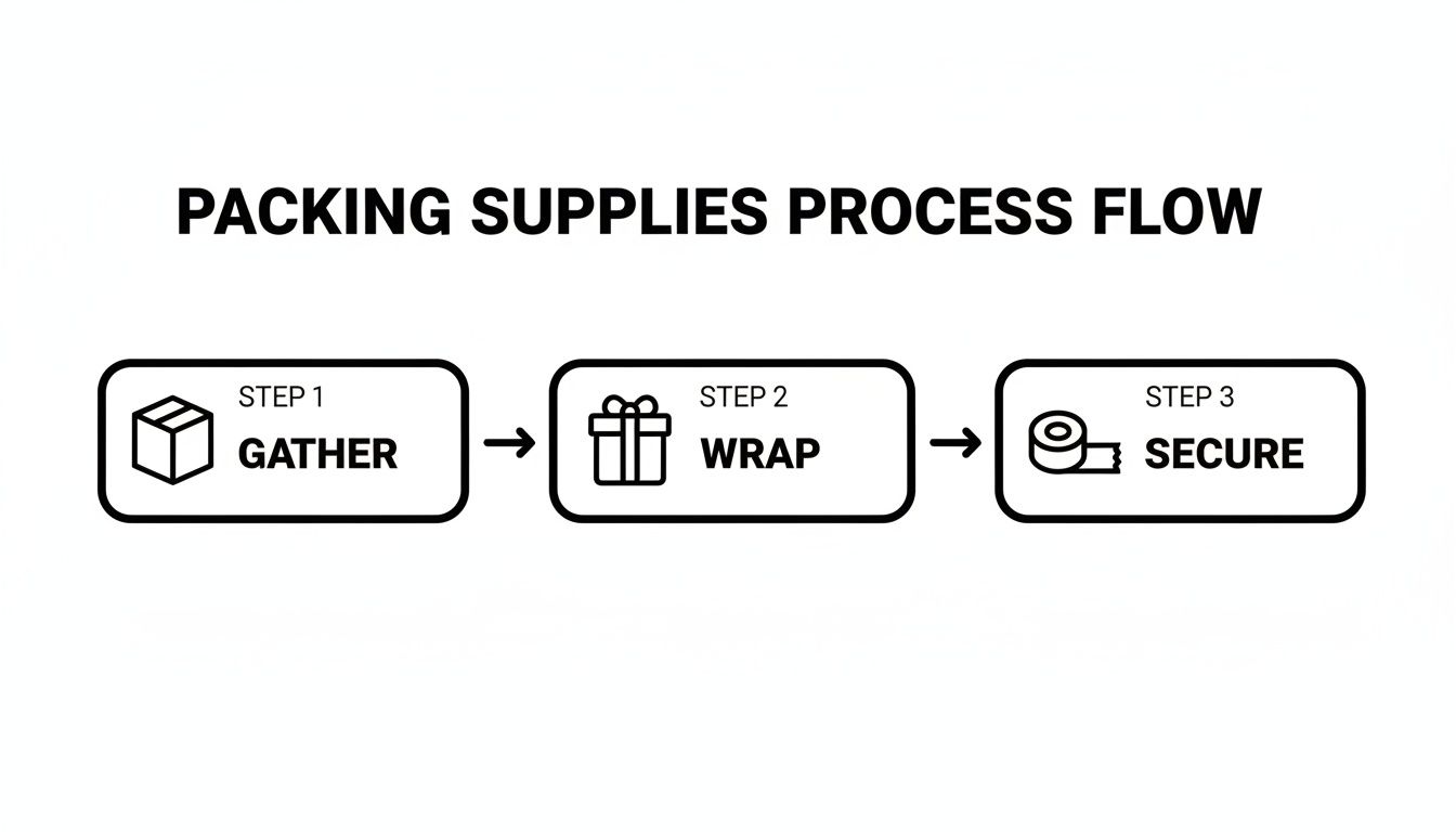 A packing supplies process flow diagram showing three steps: gather, wrap, and secure.