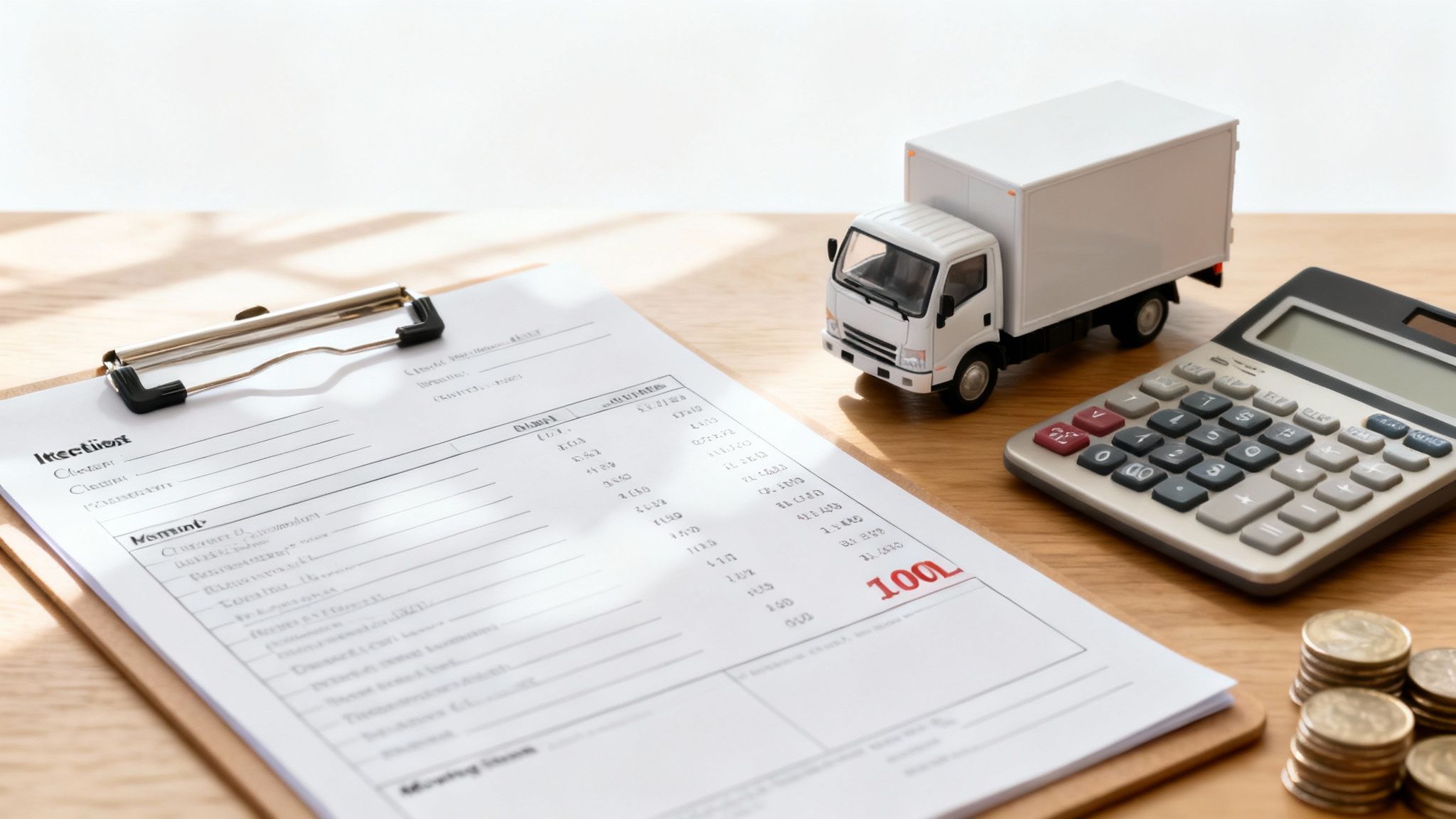 A miniature white delivery truck, calculator, and a document on a clipboard with coins, symbolizing moving costs.