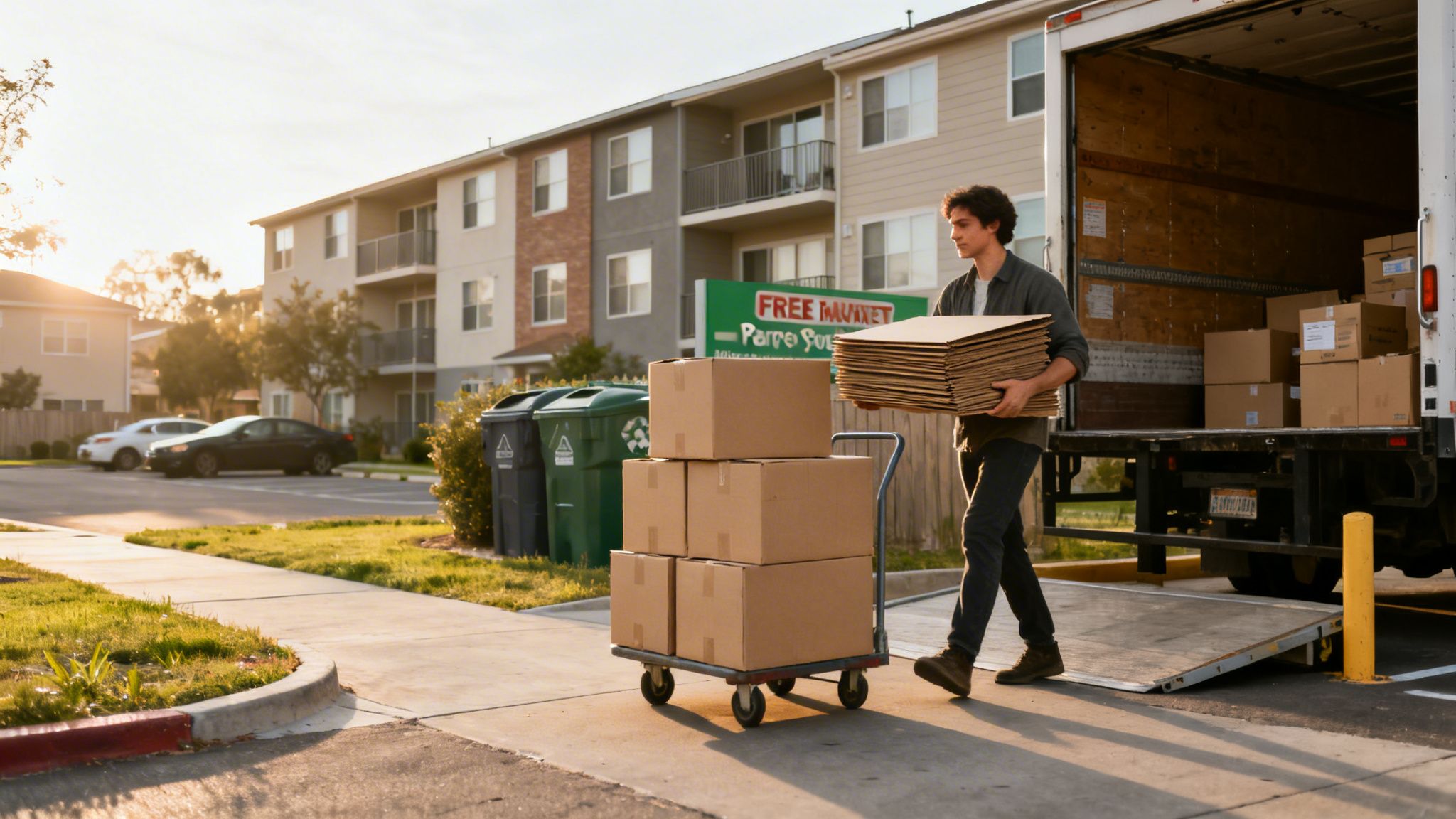 A man unloads cardboard boxes from a moving truck with a dolly at an apartment complex.
