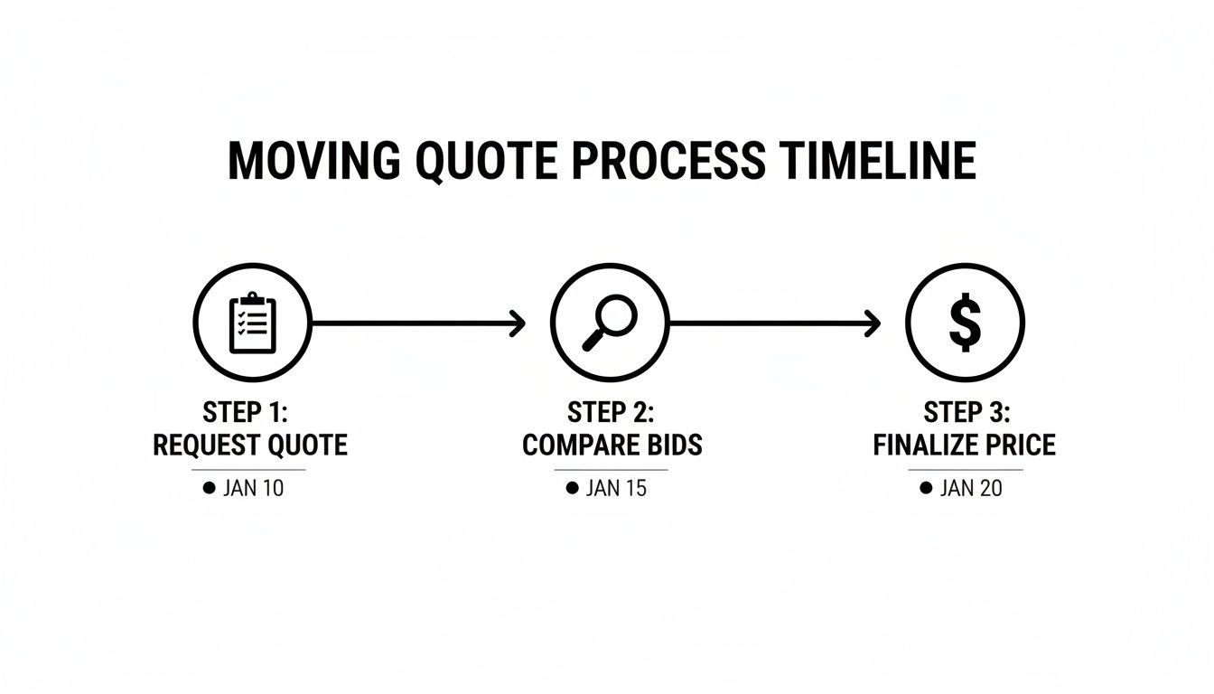 A moving quote process timeline showing three steps: request quote, compare bids, and finalize price, with dates.