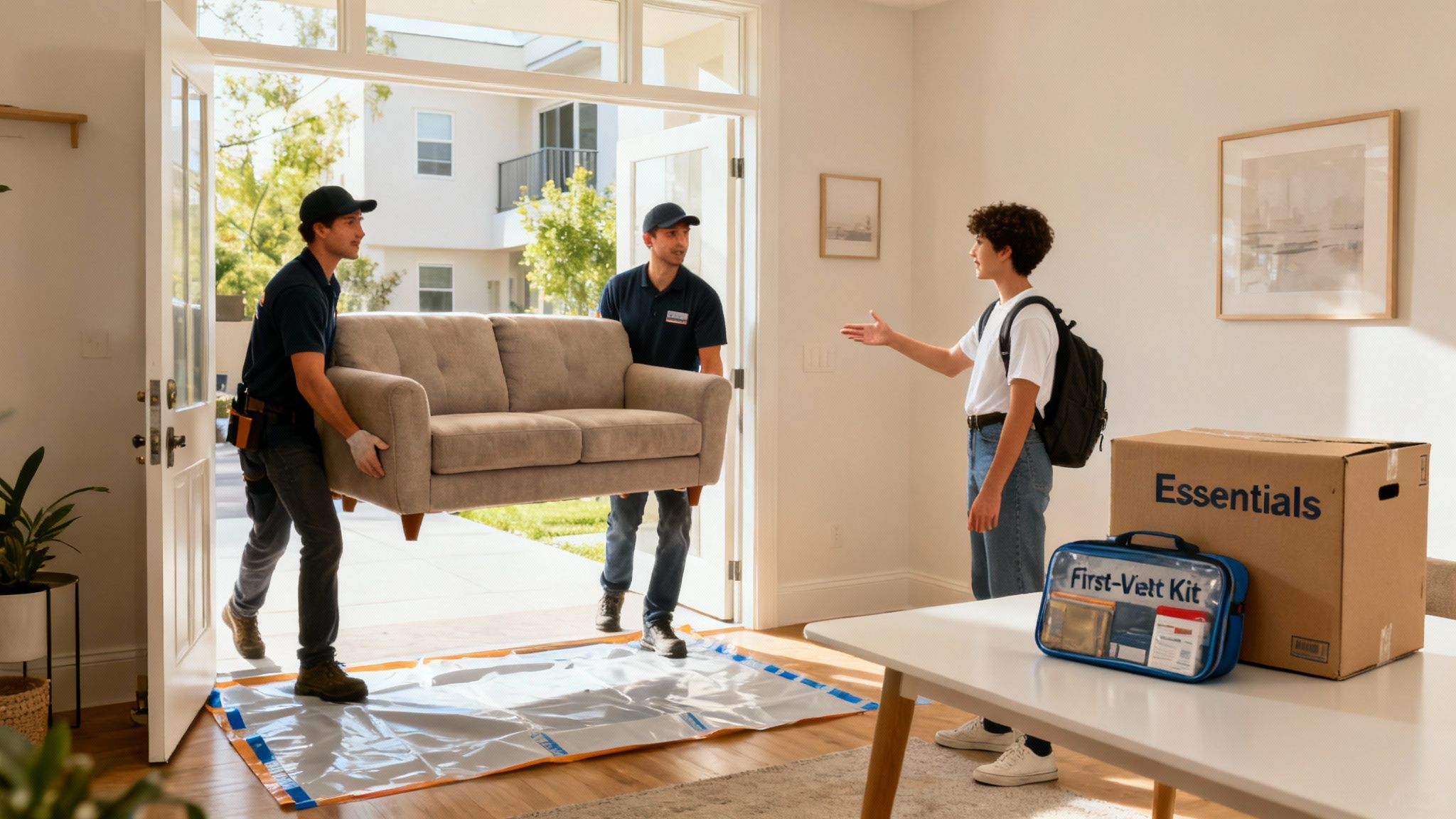 Two movers carry a couch into a house, greeted by a student with a backpack.