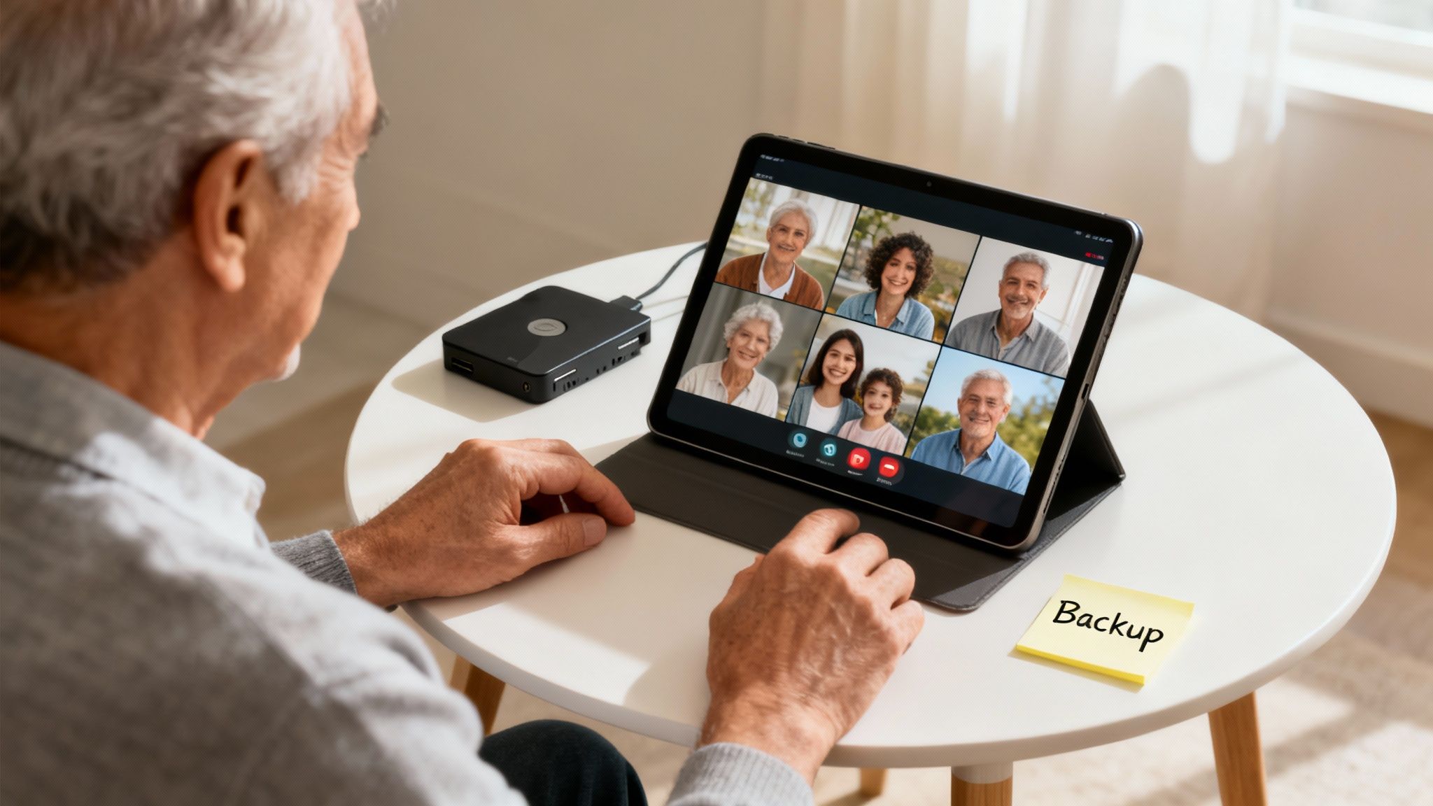 Elderly man having a video call with his family on a tablet, with a 'Backup' note on the table.