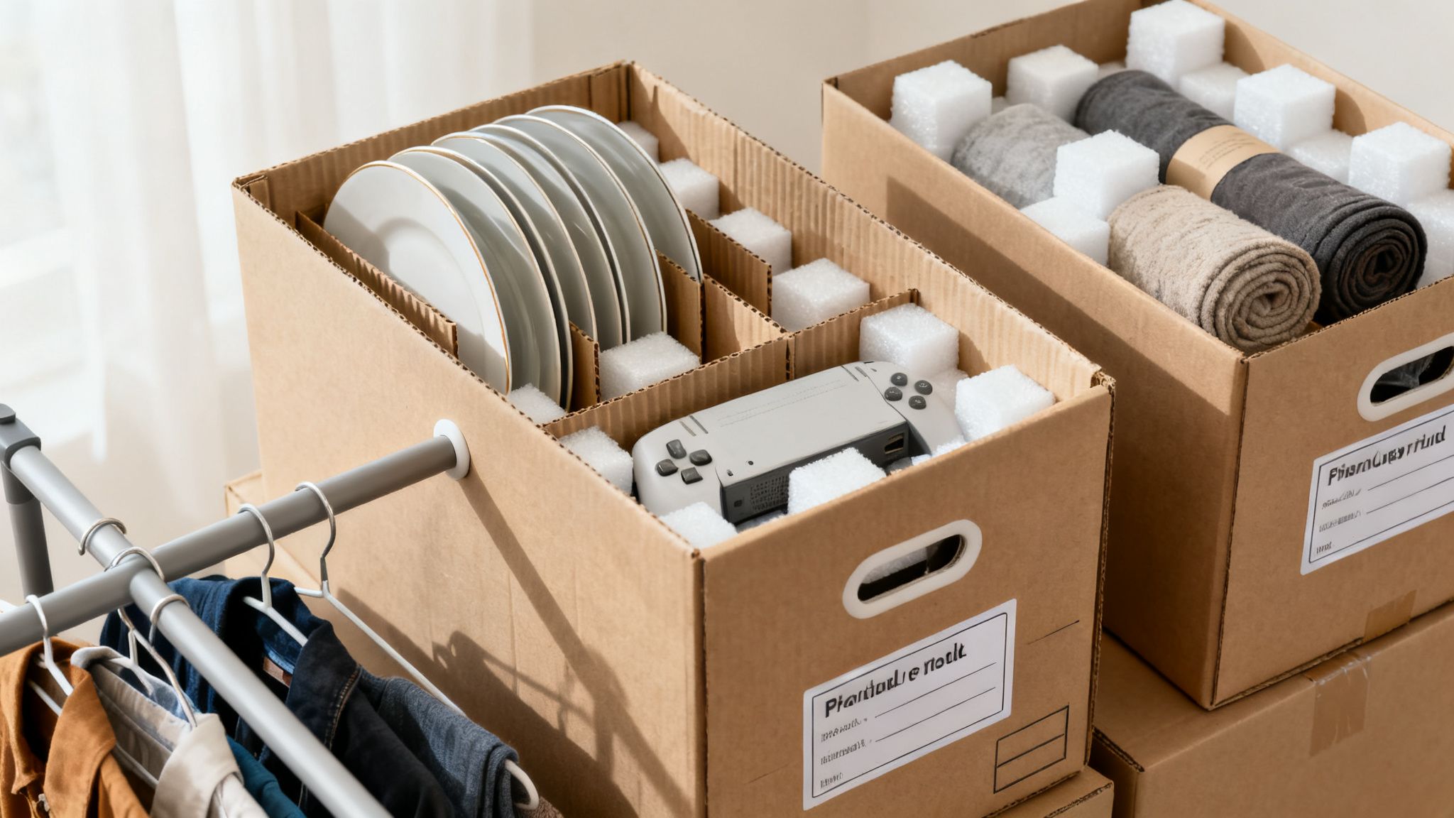 Cardboard moving boxes with plates, a gaming console, and rolled blankets, next to a clothes rack.