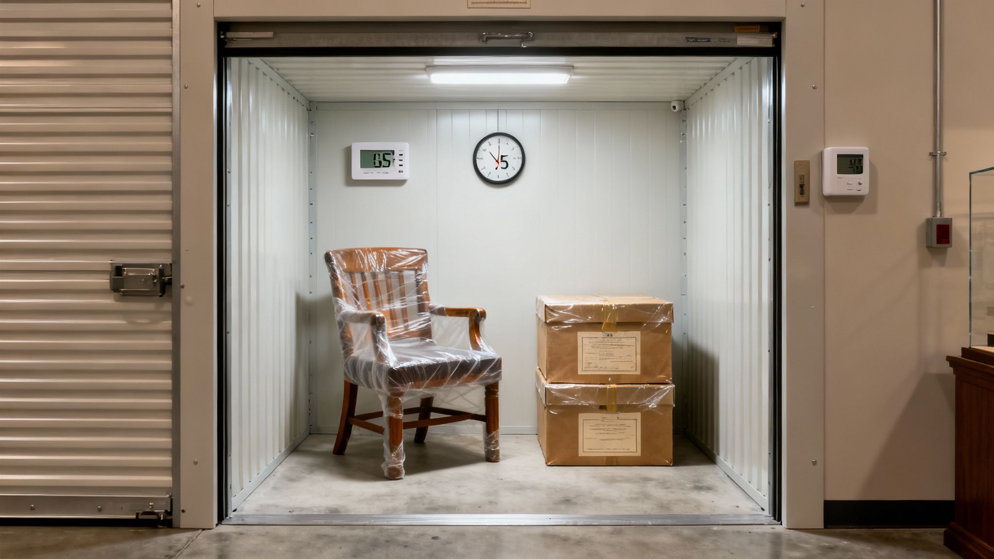 Inside a climate-controlled storage unit showing a wrapped chair, stacked boxes, and temperature gauges.
