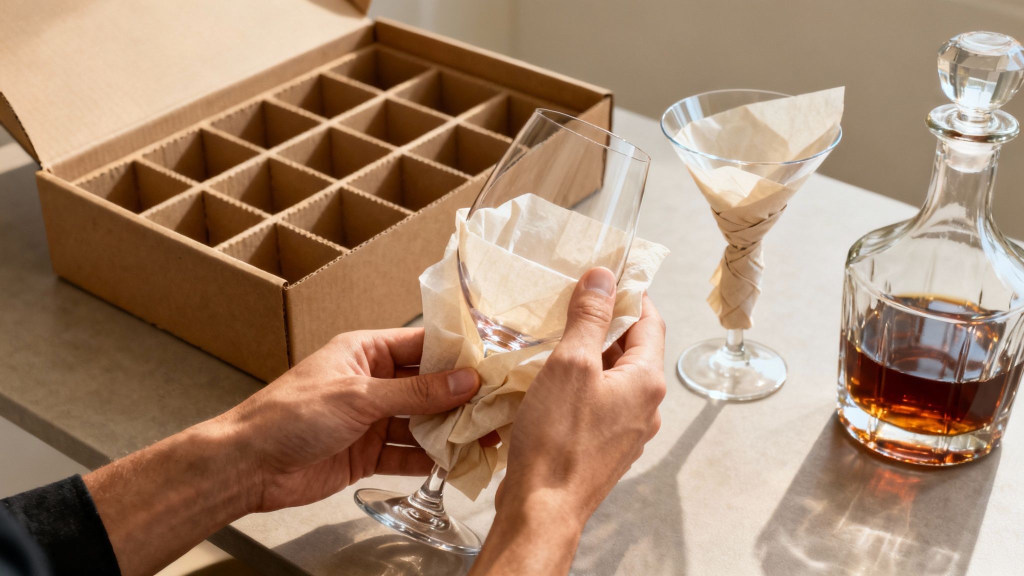 Hands carefully wrapping a wine glass in paper, with a packing box and decanter nearby.