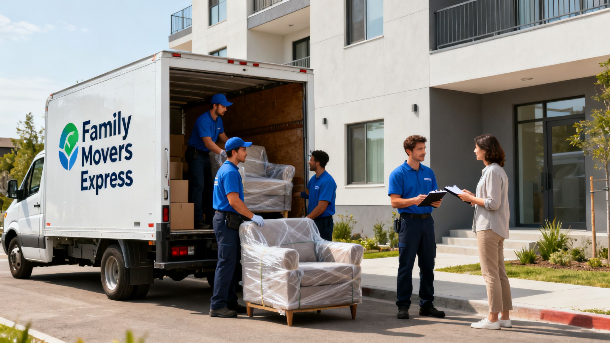 A moving crew from 'Family Movers Express' loads furniture into a truck while one mover talks to a customer.