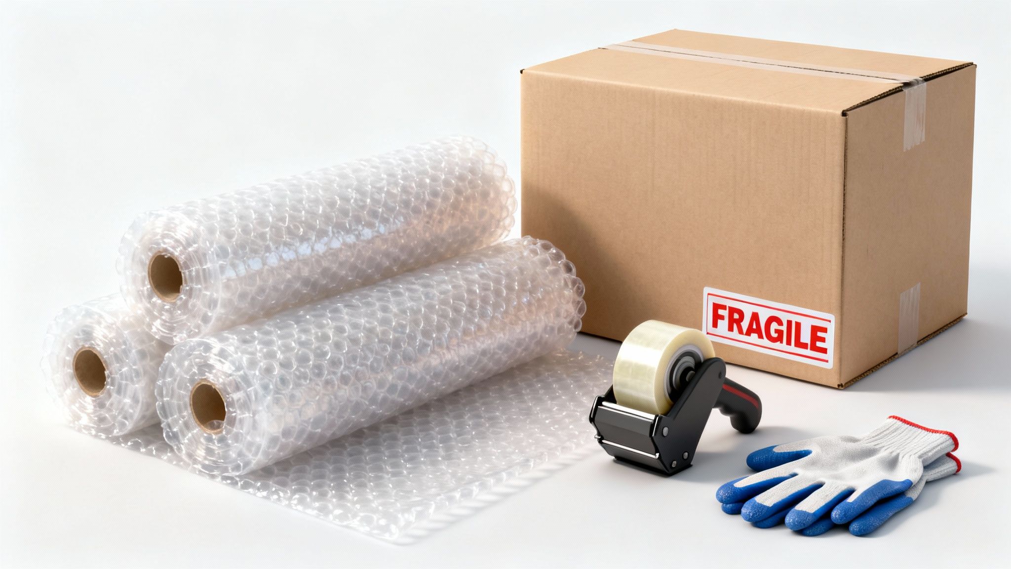 Moving and packing supplies including bubble wrap rolls, a cardboard box, tape dispenser, and gloves.