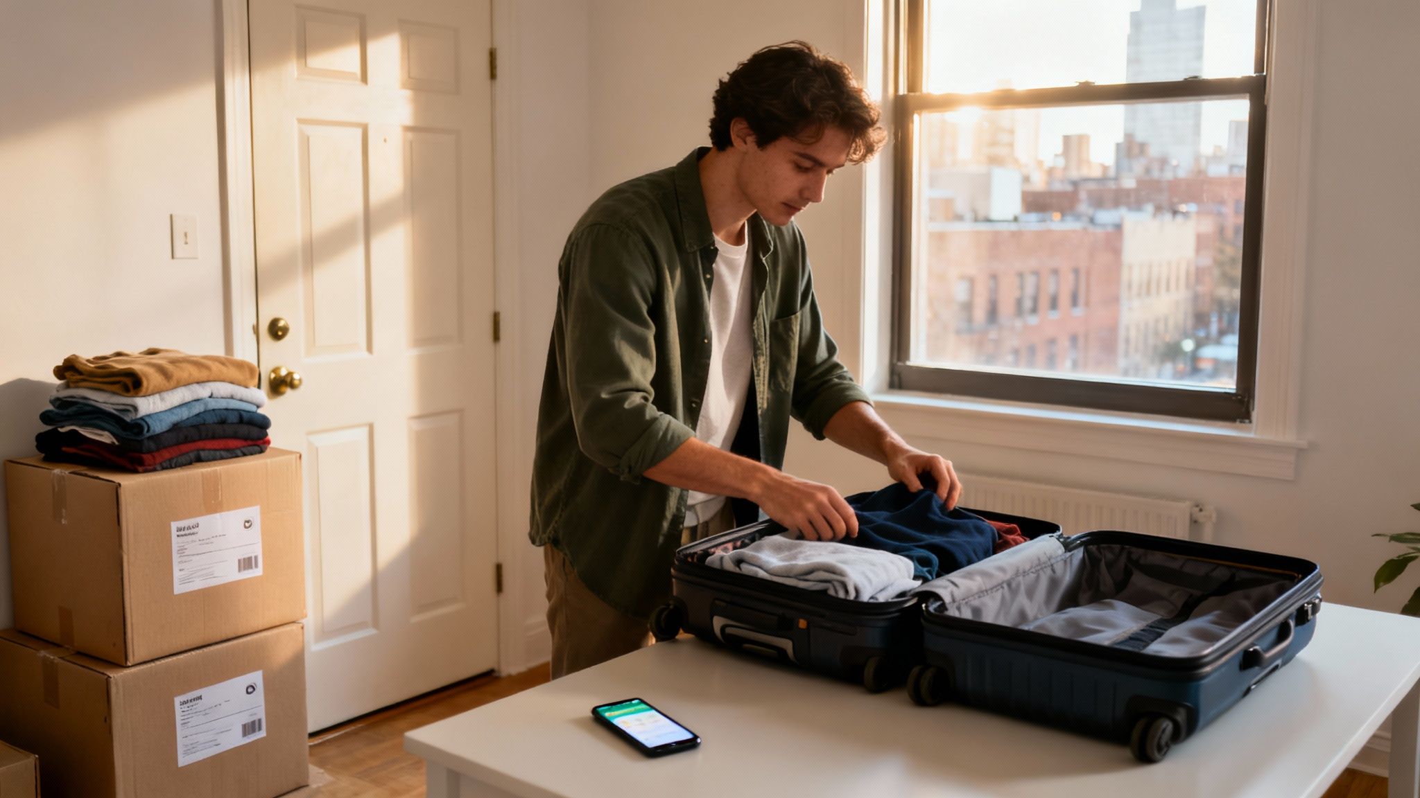 A young man packing clothes into a suitcase on a table, preparing to move with boxes nearby.