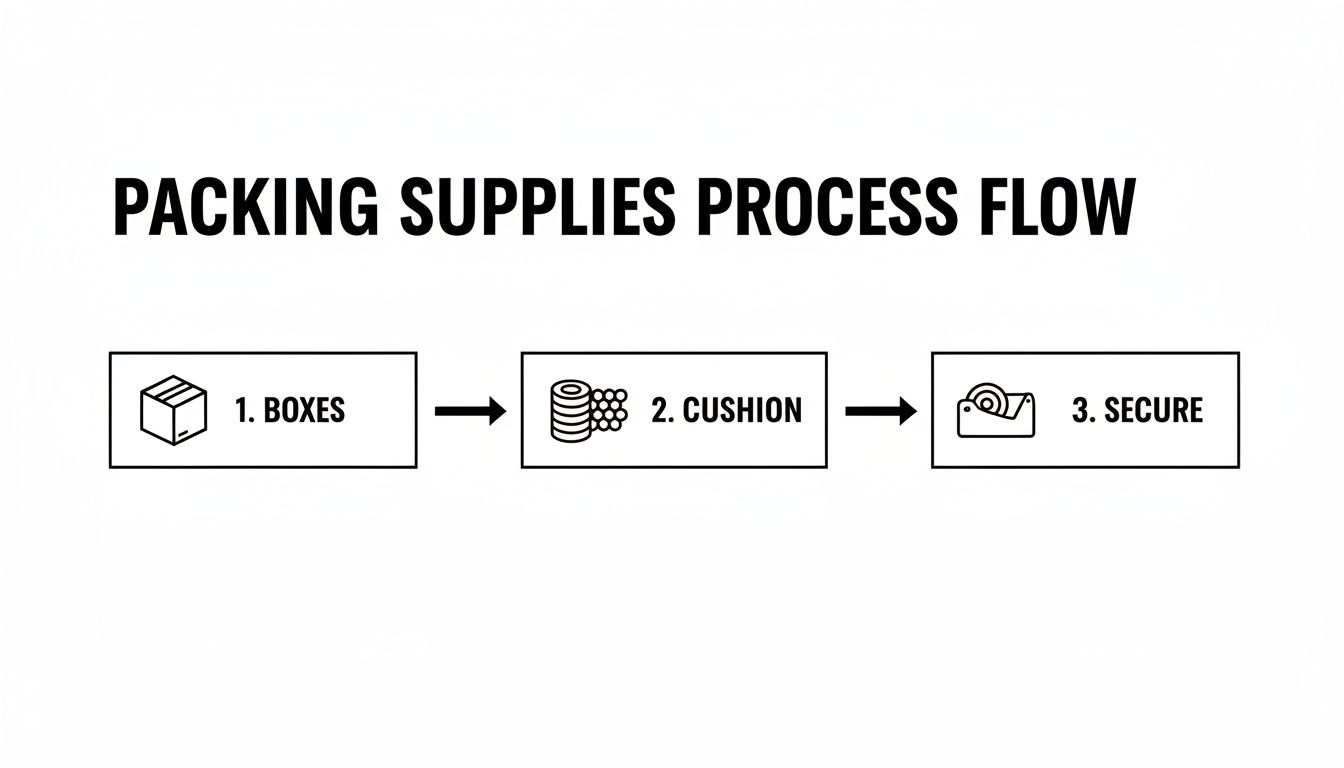 A packing supplies process flow diagram showing steps: boxes, cushion, and secure.