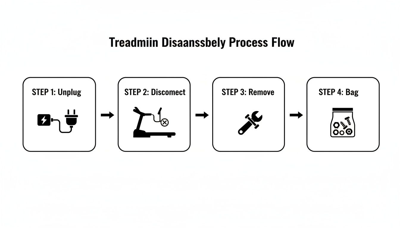 A four-step process flow diagram illustrating treadmill disassembly: unplug, disconnect, remove parts, and bag.