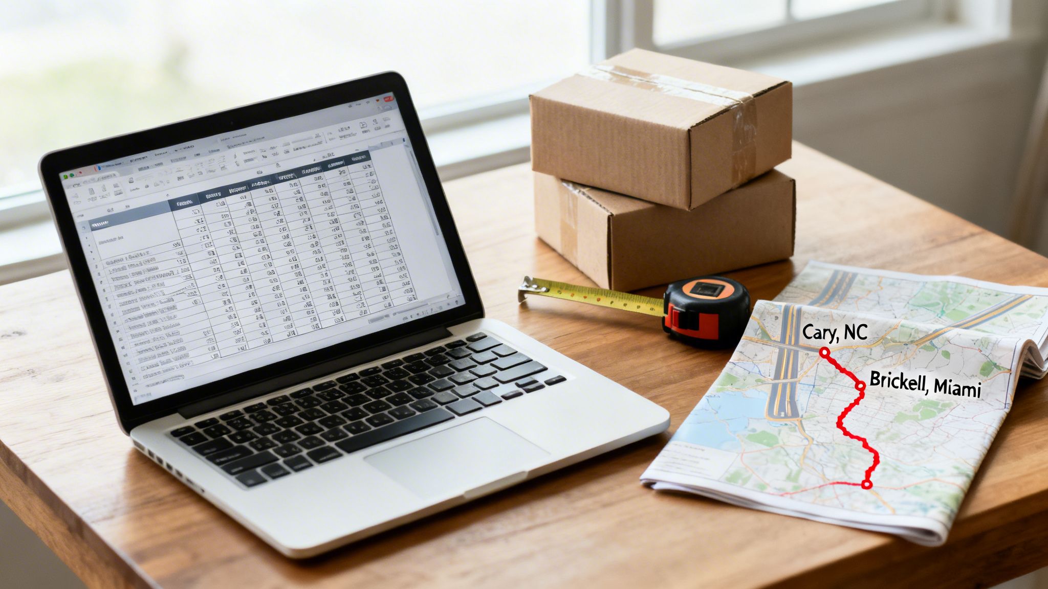 Laptop with spreadsheet, moving boxes, tape measure, and a map showing a long-distance route.