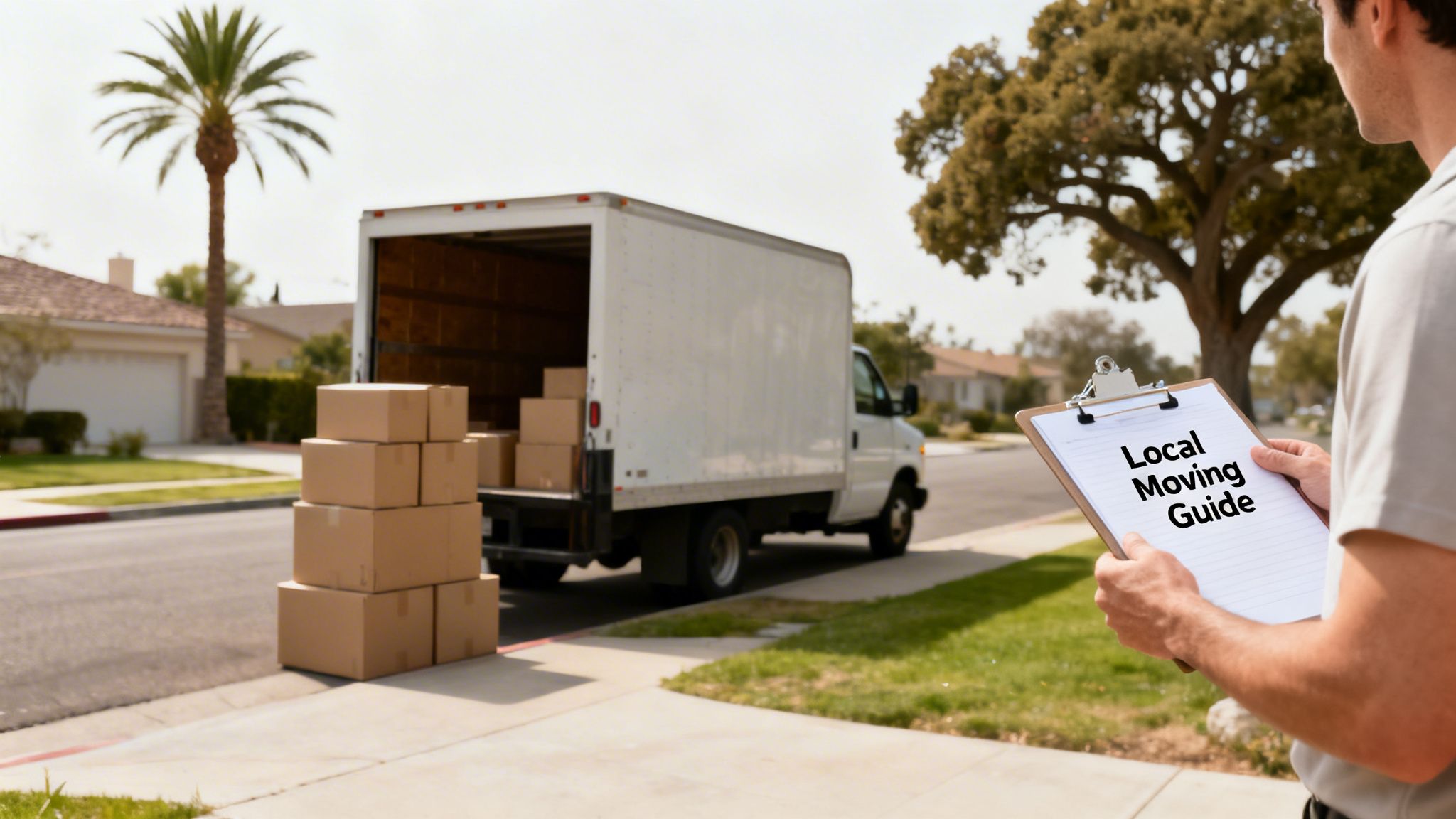 A person holds a 'Local Moving Guide' clipboard near a white moving truck and stacked boxes on a street.