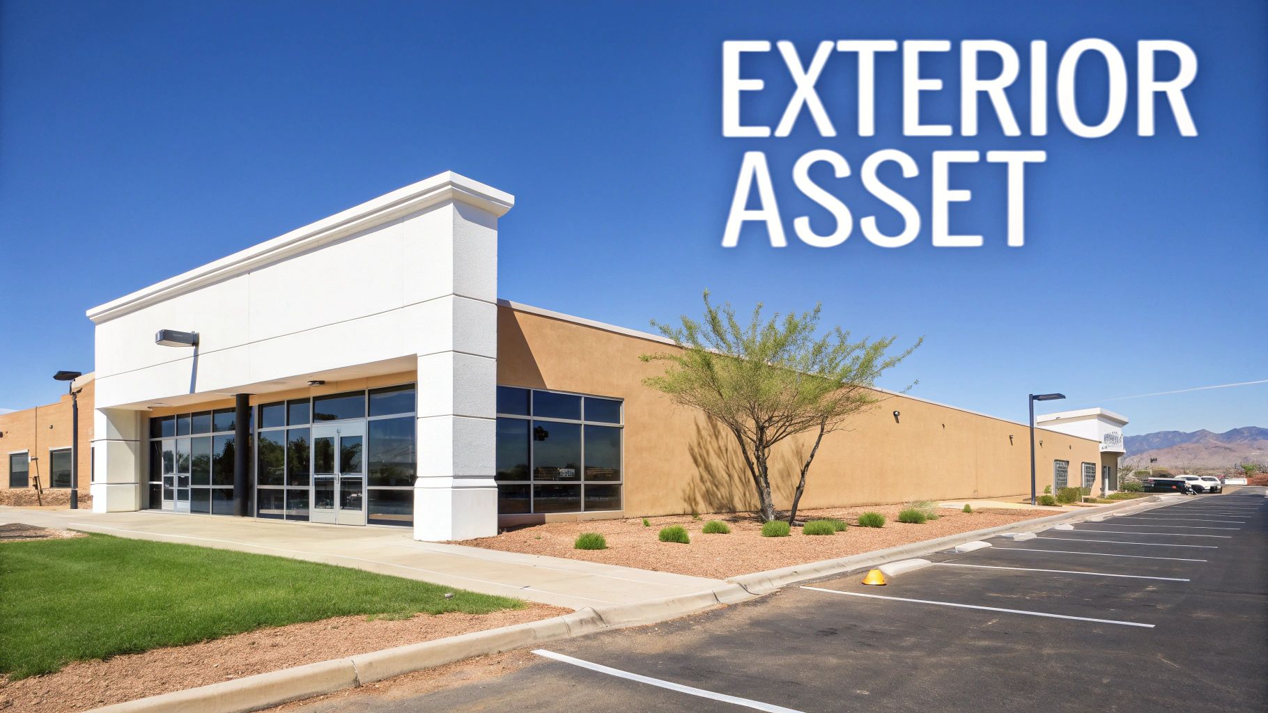 Exterior view of a clean, modern commercial building with a large parking lot and desert landscaping.