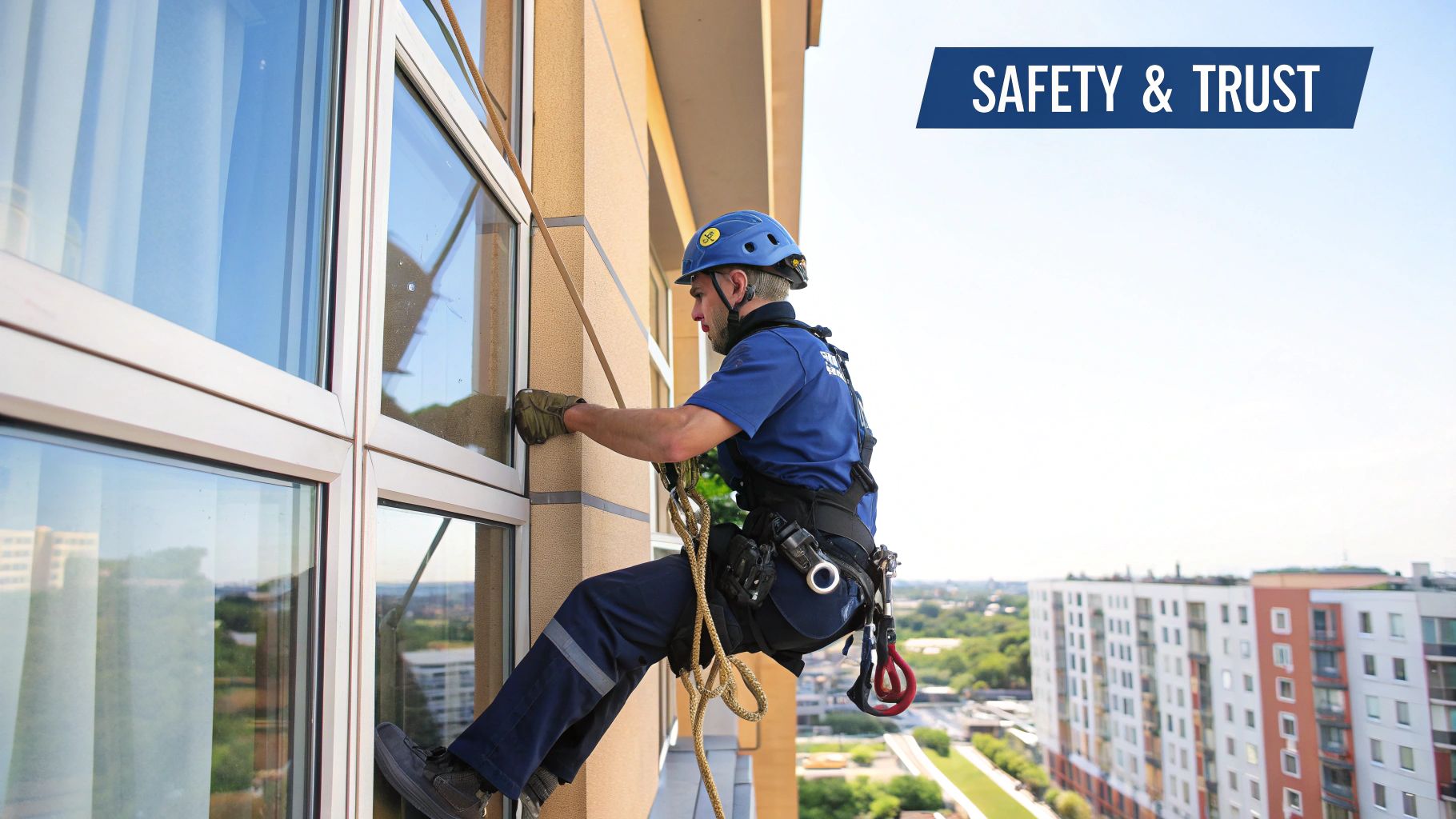 A professional window cleaner rappels down a building, diligently cleaning windows while wearing essential safety gear.