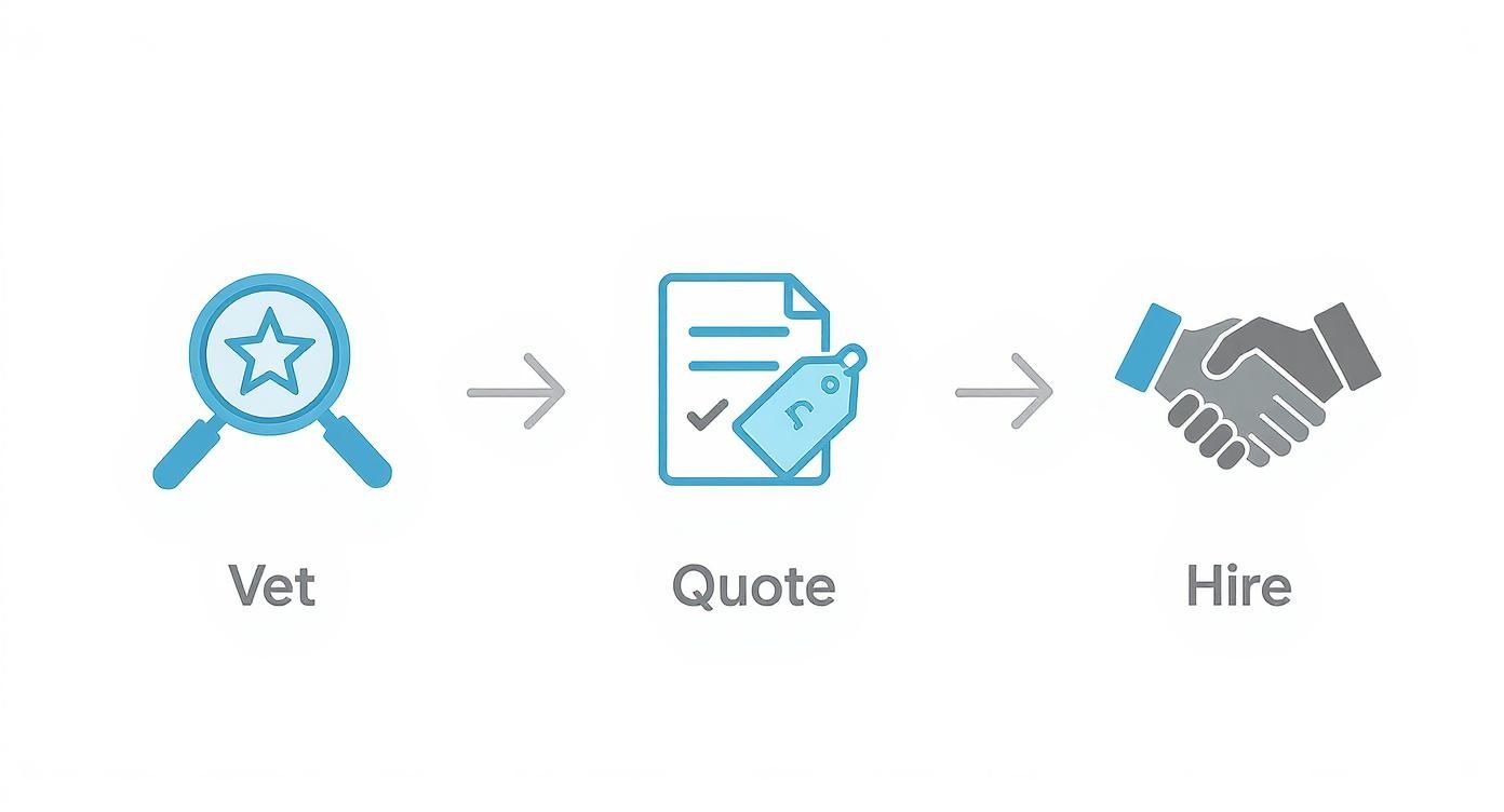 A three-step process showing 'Vet' (magnifying glass), 'Quote' (document), and 'Hire' (handshake) icons.