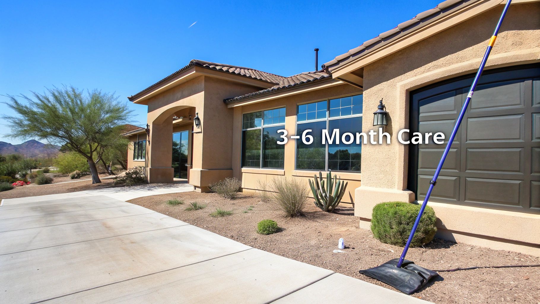A stucco desert home with a paved driveway and a window cleaning pole featuring '3-6 Month Care' text.