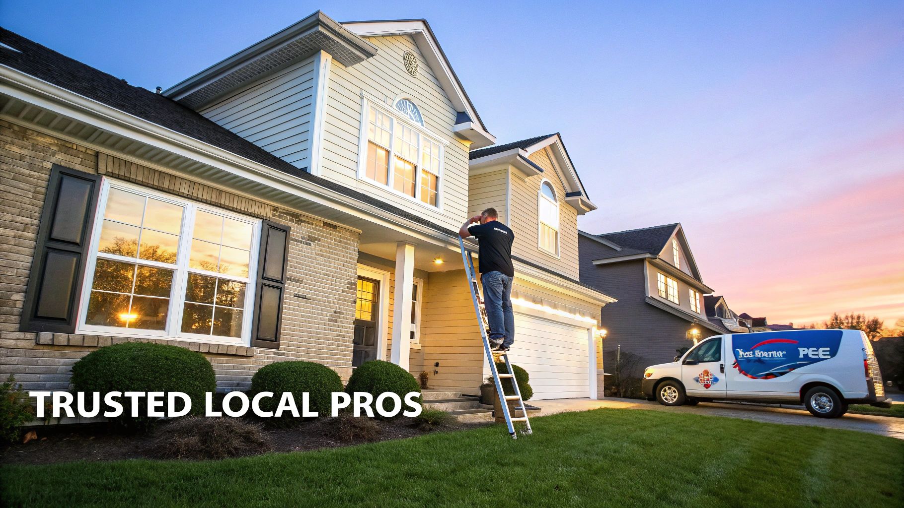 Trusted local pro on a ladder cleaning gutters of a house at sunset, with a service van nearby.