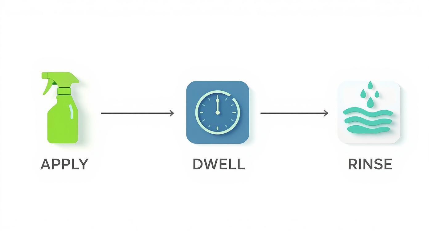 A three-step graphic showing a cleaning process: apply with a spray bottle, dwell with a clock, and rinse with water.