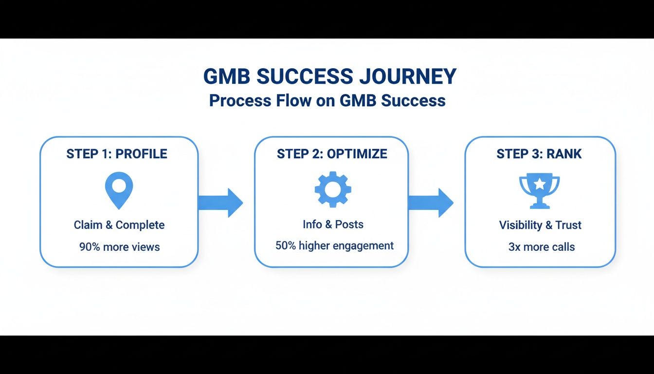 A three-step infographic showing the GMB success journey: Profile, Optimize, and Rank.