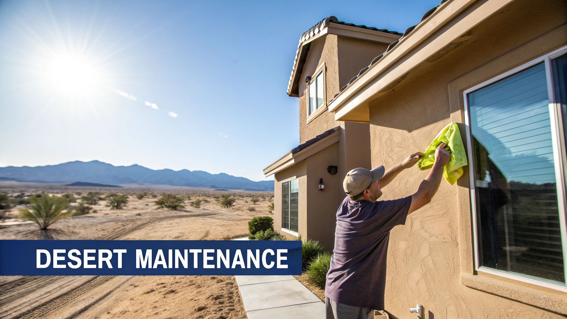 A person wearing a cap cleans a house window in a sunny desert landscape, with mountains in the background.