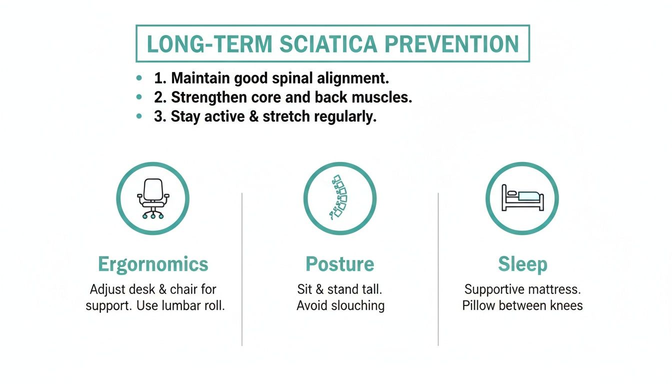 Infographic illustrating long-term sciatica prevention tips including ergonomics, posture, and sleep for spinal health.