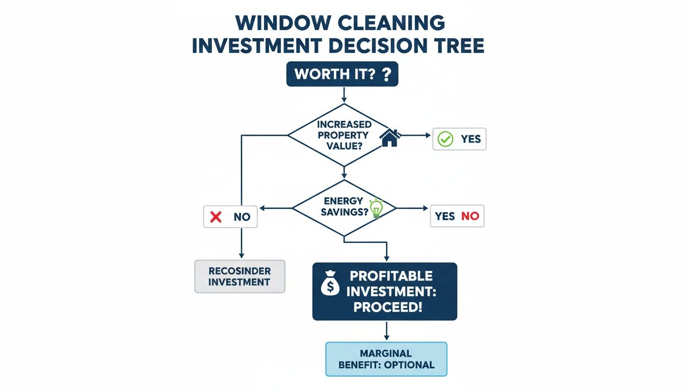A flowchart titled 'Window Cleaning Investment Decision Tree' evaluating profitability based on increased property value and energy savings.