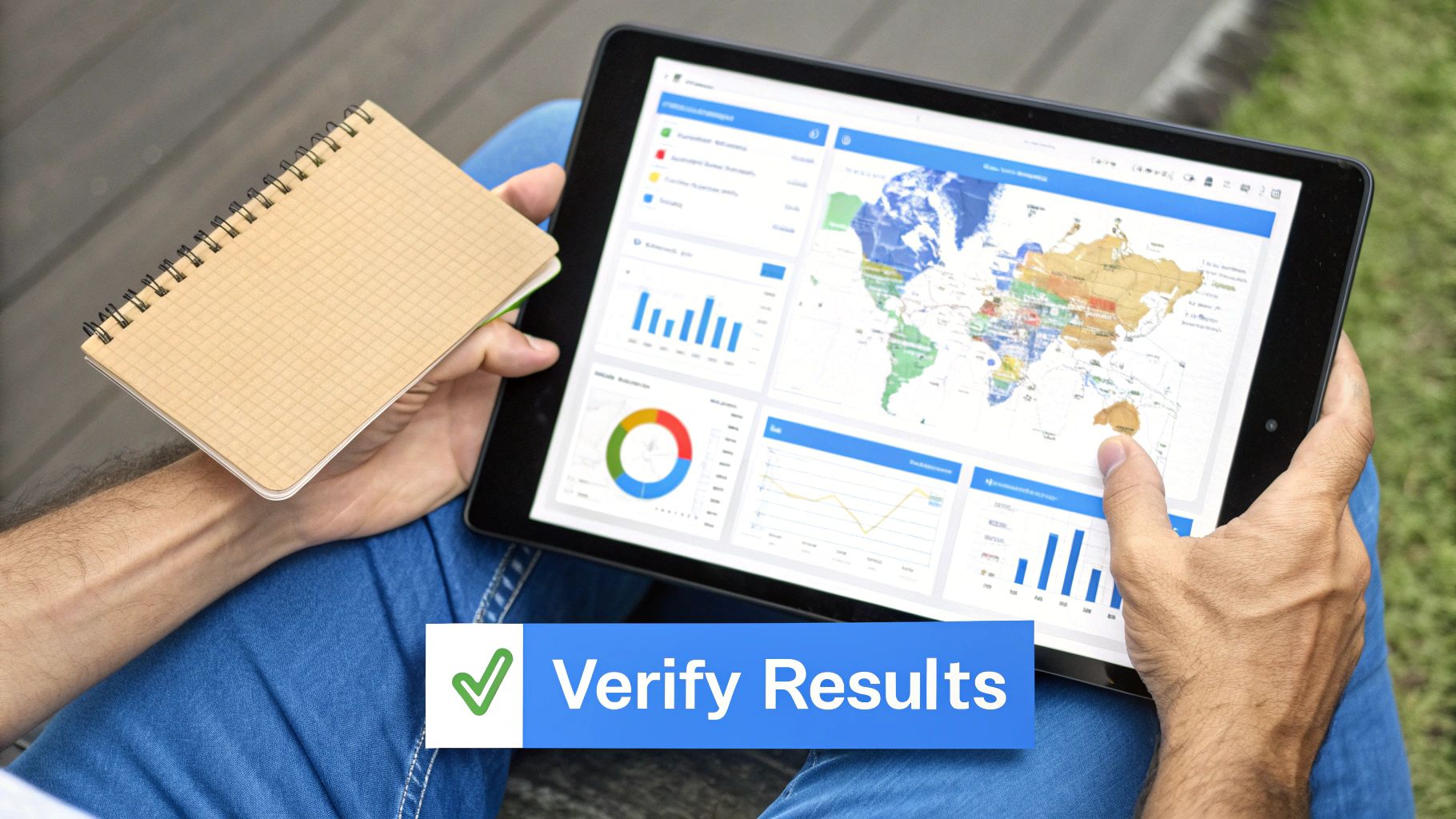 Person analyzing performance data on a tablet displaying charts, a world map, and a notebook.
