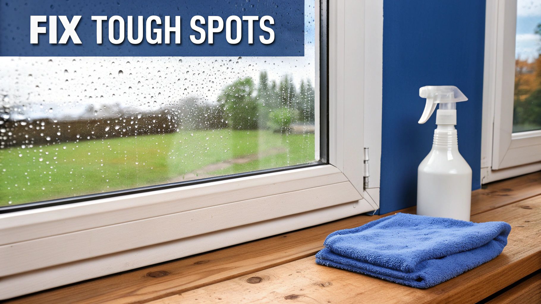 Close-up of a window with stubborn hard water spots.