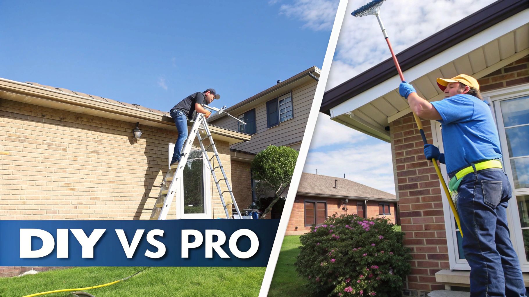 DIY versus professional gutter cleaning comparison showing homeowner on ladder and professional with equipment