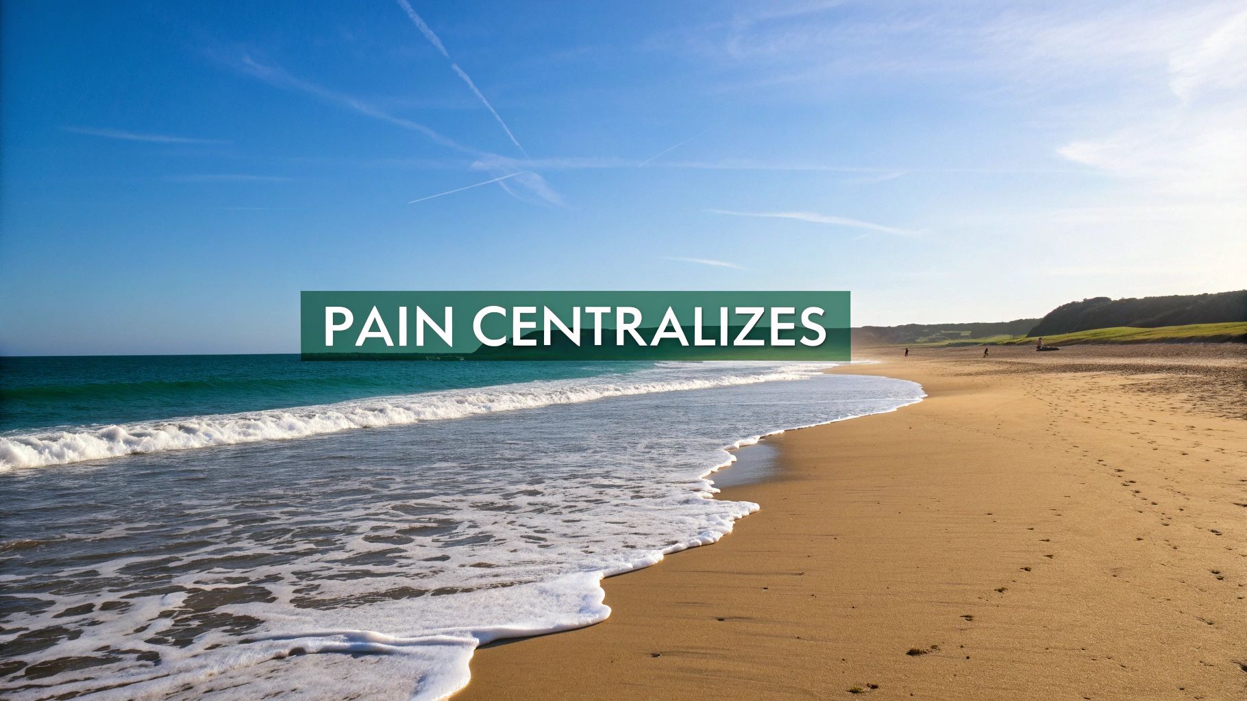 A tranquil beach scene with ocean waves and a clear blue sky, featuring the text 'PAIN CENTRALIZES'.