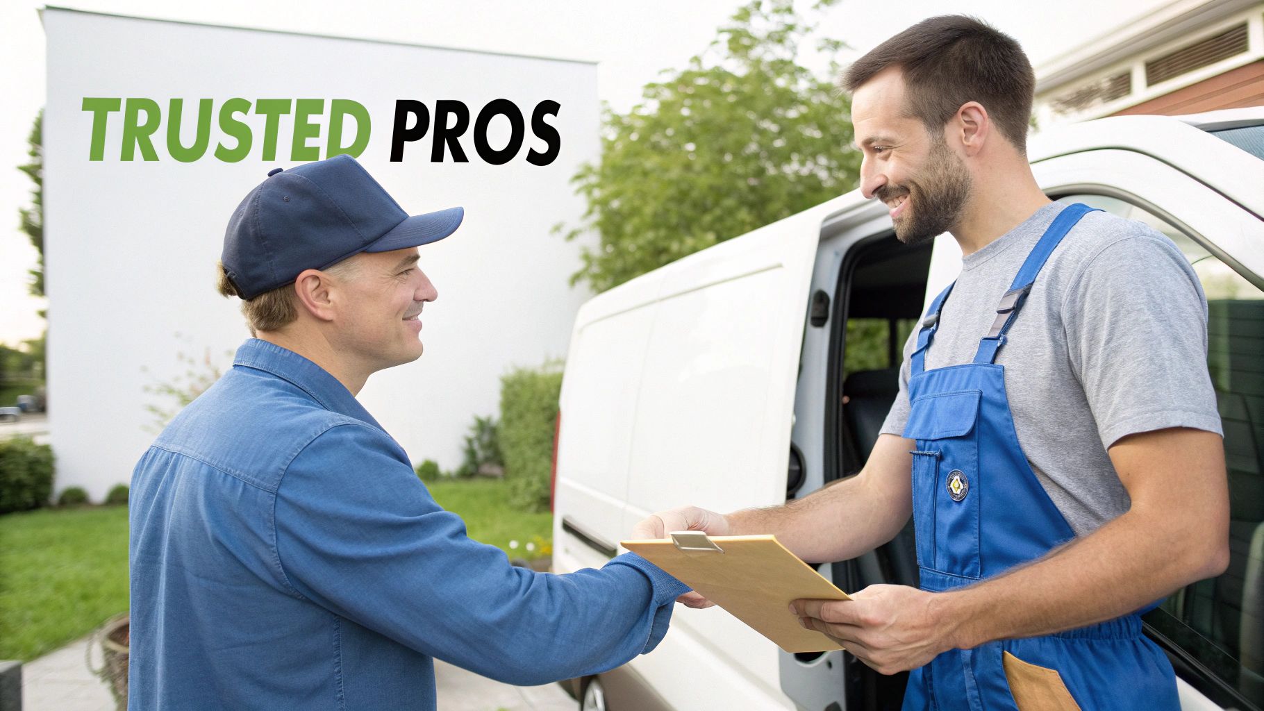 A service professional delivers documents to a smiling customer in front of a white van, with "TRUSTED PROS" text.