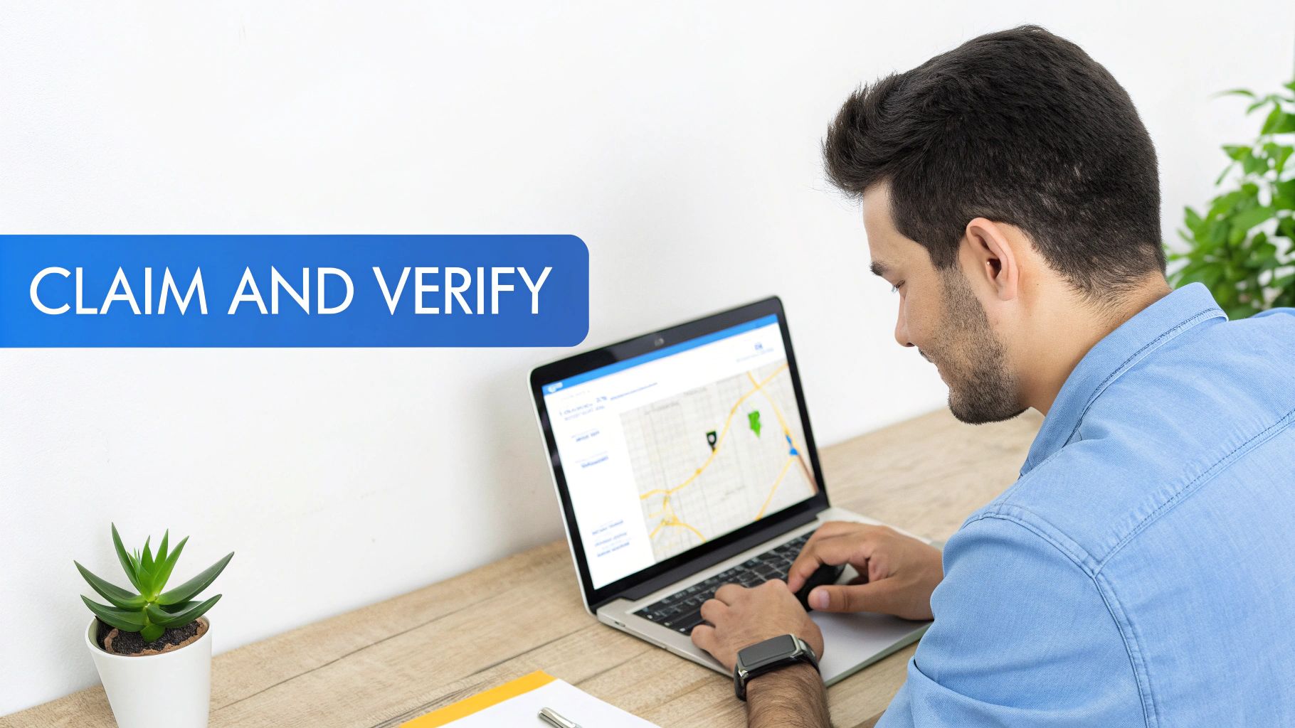 A man claims and verifies a business location on a laptop, displaying a map interface.