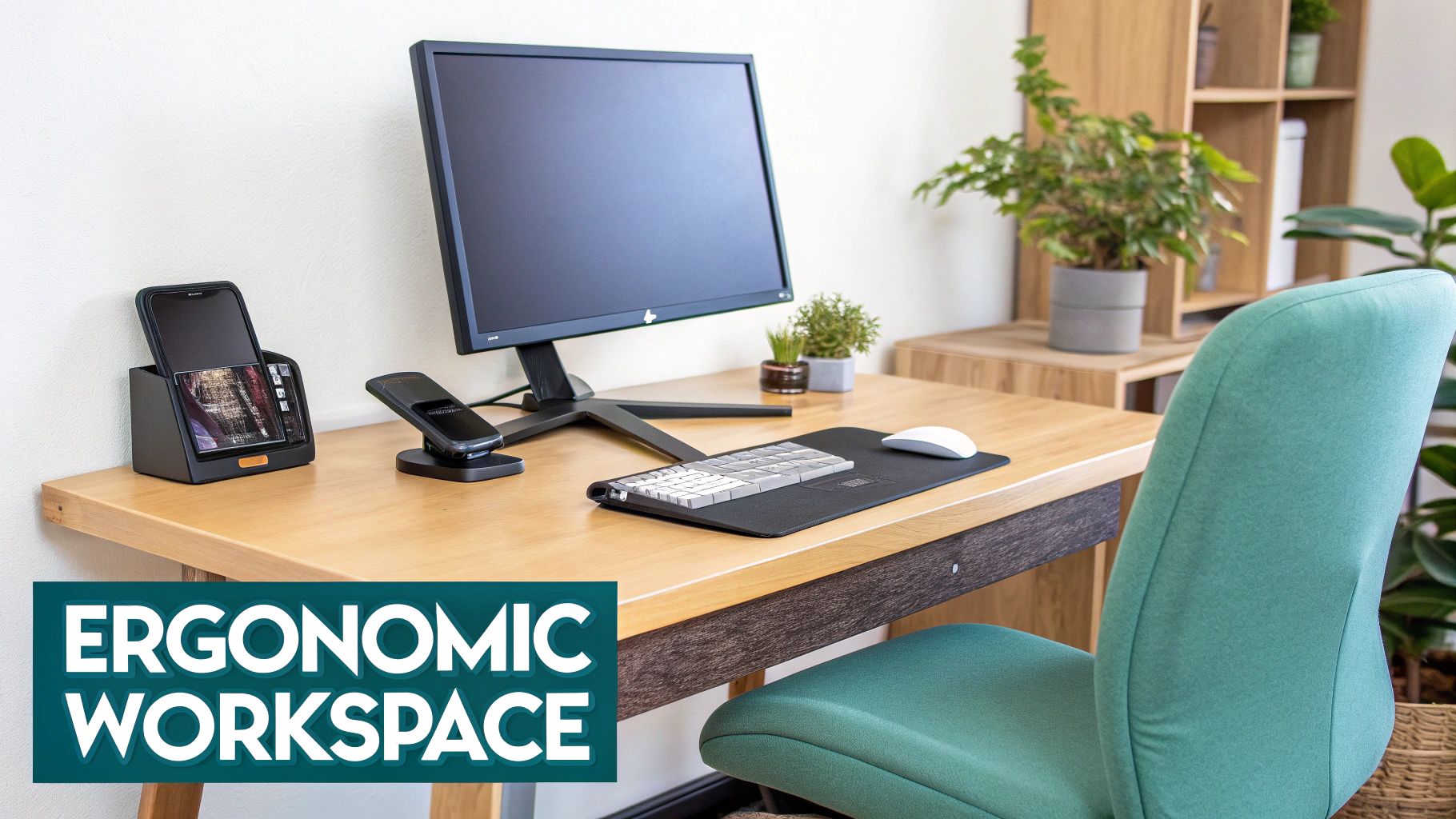 An ergonomic home office desk setup with a monitor, keyboard, mouse, phone, and a comfortable green chair.
