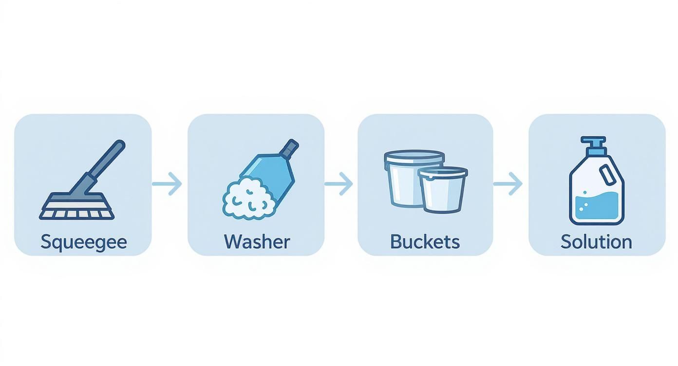A four-step diagram showing window cleaning tools: squeegee, washer, buckets, and cleaning solution.