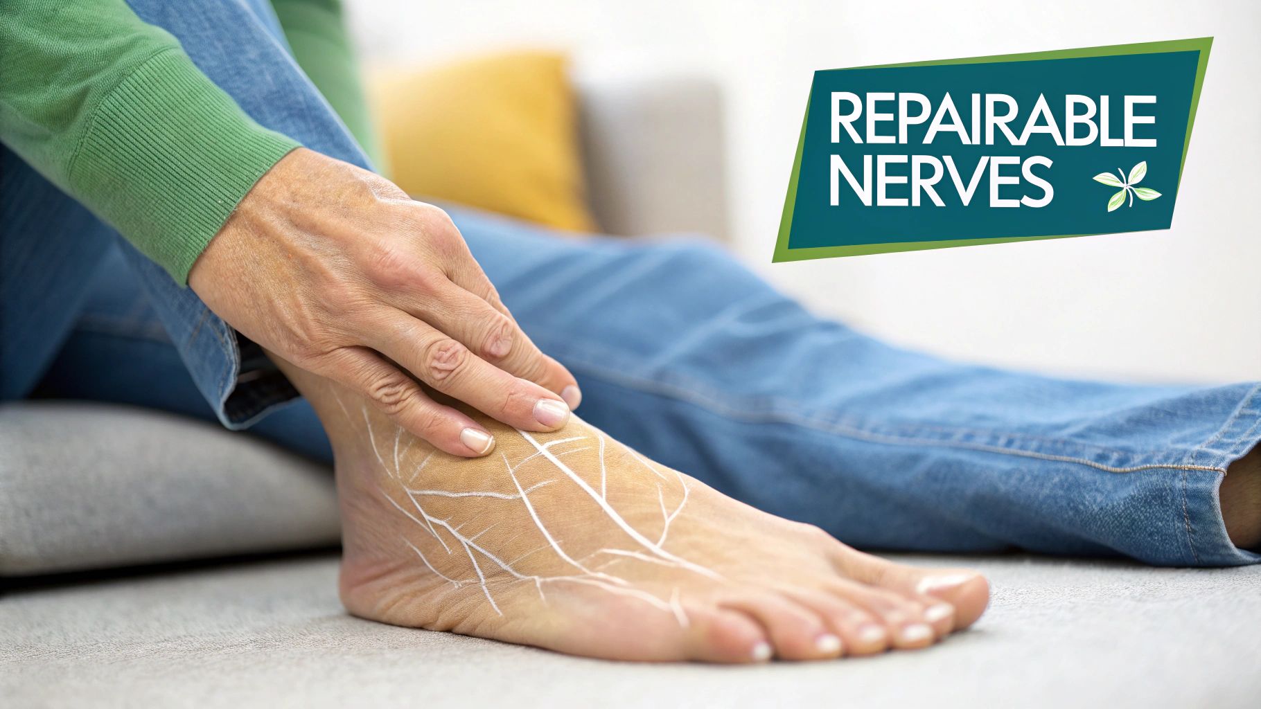 A person's foot showing illustrated nerves and a hand, with text 'Repairable Nerves'.