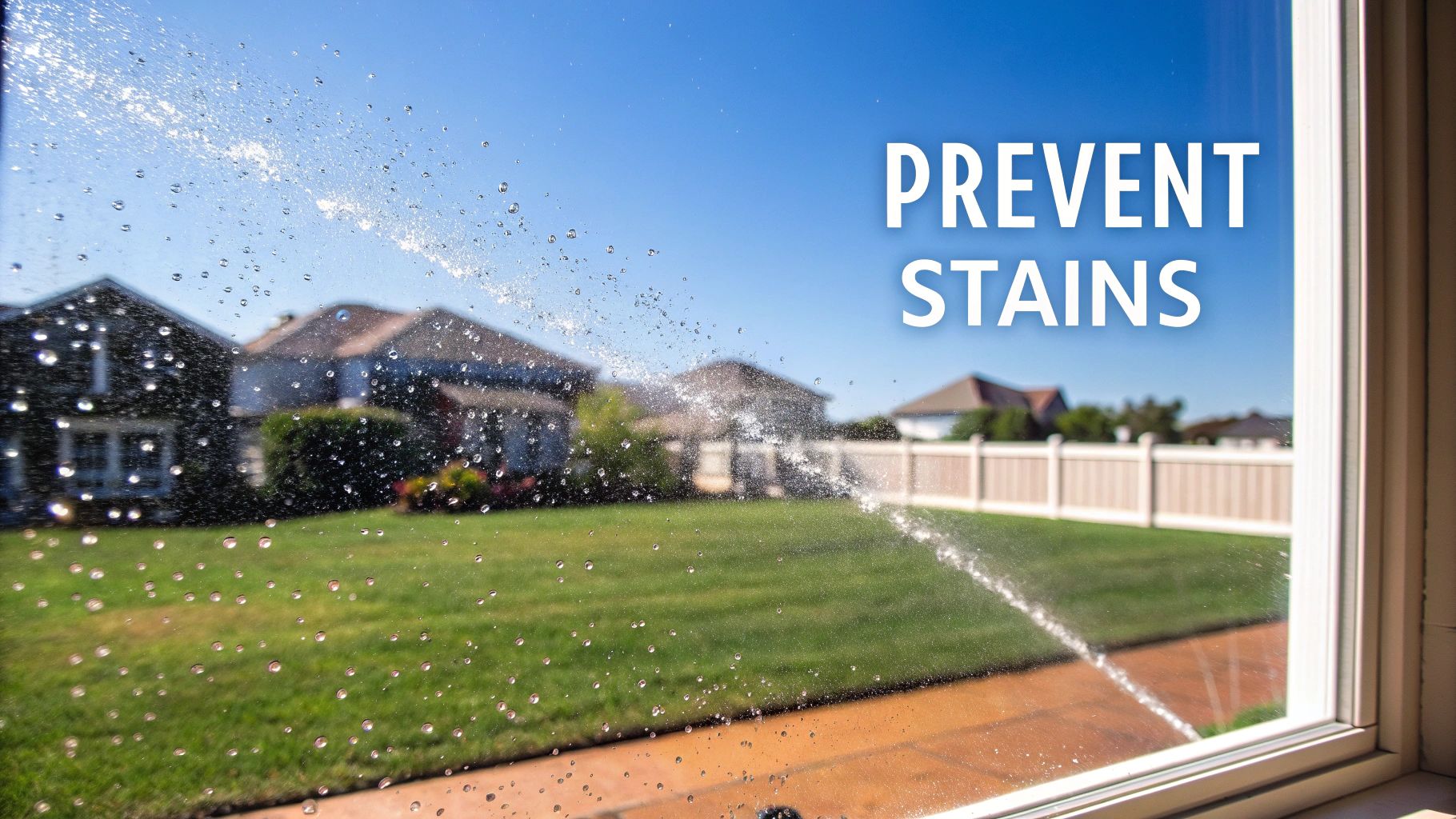 Water spraying on a window with backyard view and houses, text says 'PREVENT STAINS'.