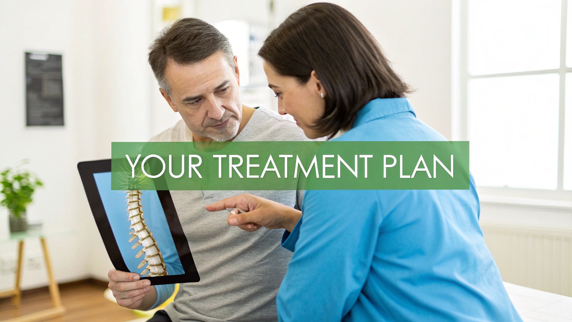 A female chiropractor explains a spinal model on a tablet to a male patient, discussing his treatment plan.