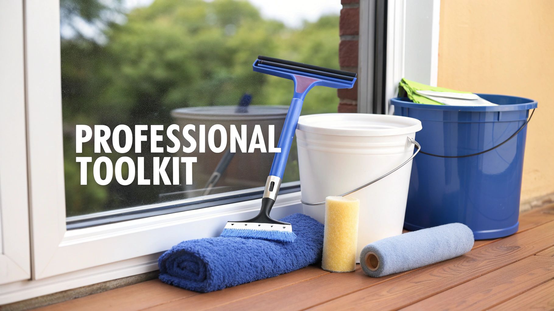 A professional window cleaning toolkit with blue and white buckets, a squeegee, towel, and rollers on a wooden deck next to a window.
