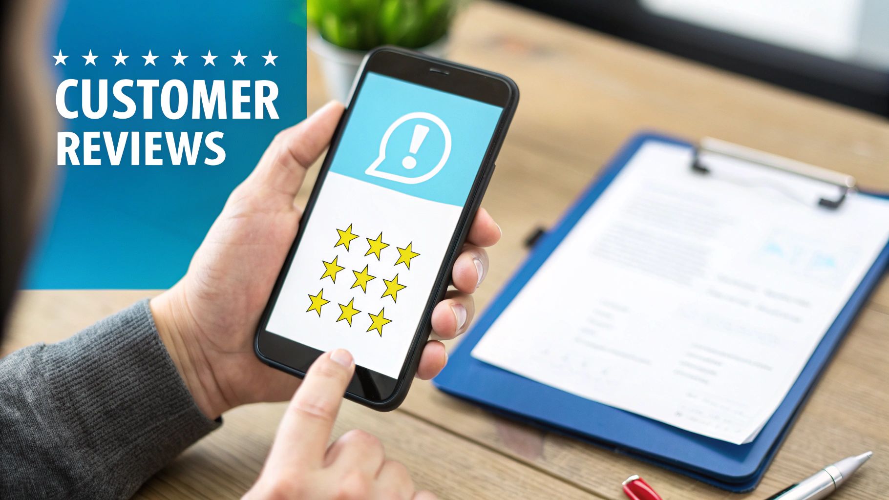 A person holding a smartphone displaying an app with customer reviews and star ratings.