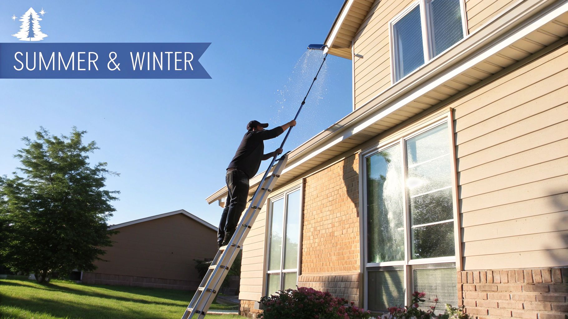 A professional window cleaner working on a residential window with a squeegee.