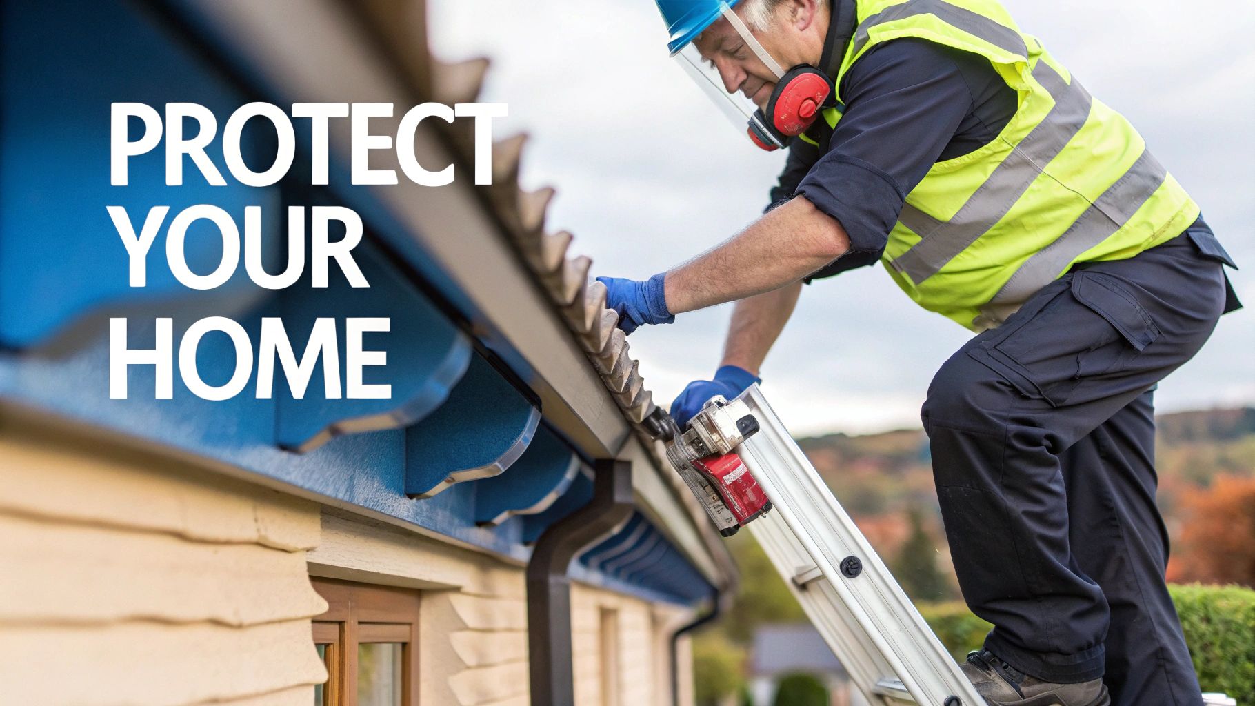 A man in safety gear on a ladder cleaning a house gutter with a power tool.