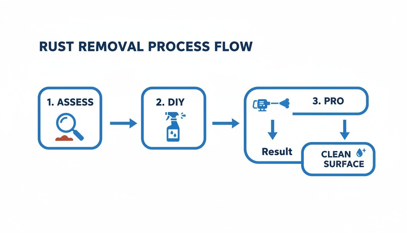 Flowchart showing rust removal process: assess the rust, try DIY methods, or use professional tools for a clean surface.