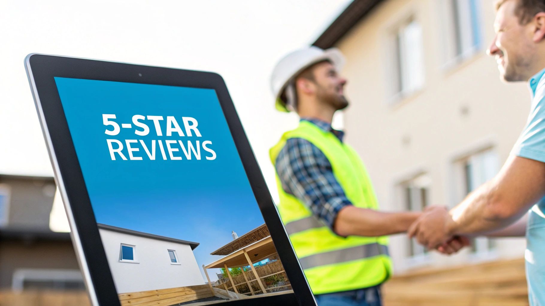 A construction worker and client shake hands, with a tablet displaying '5-STAR REVIEWS' and house images.