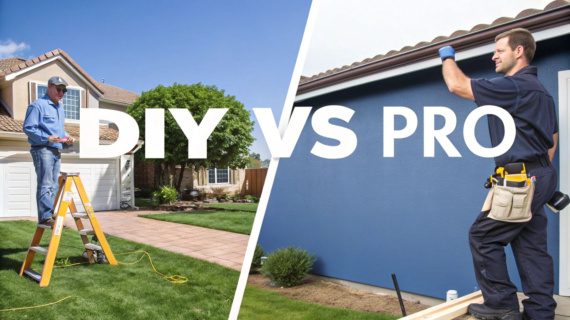 Split image contrasting a man doing DIY work on a house with a professional installing a gutter.